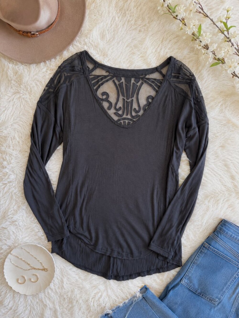 Free People Large Black Long Sleeve Top | Mesh Back Boho Fairy Grunge Top